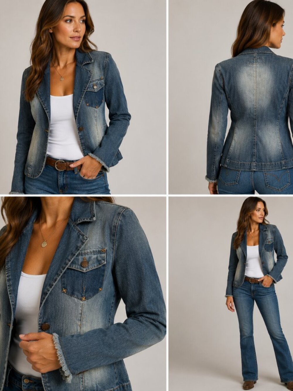 Y2K Hippie Denim Blazer Jacket Frayed Cuffs Faded Wash Stretch Jean Jacket Large